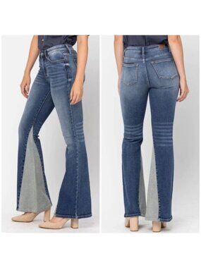 Judy Blue Frankie Two Tone High Rise Flare 11 30 Med Wash Stretch Jeans Boho Y2K